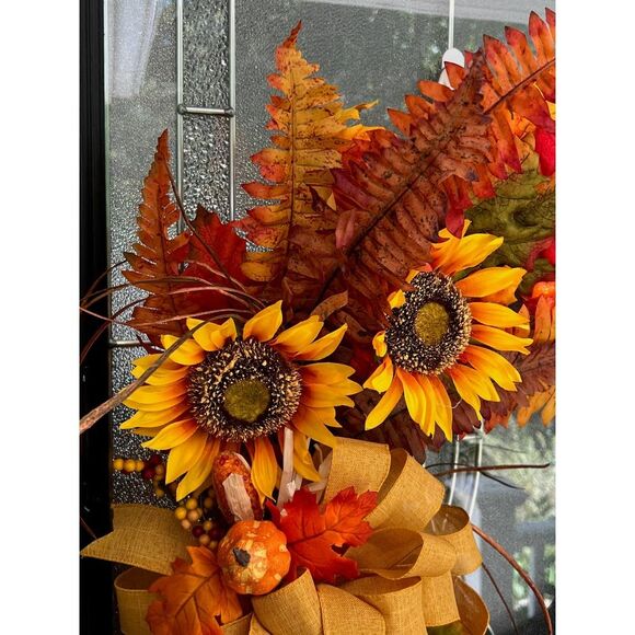 Harvest Fall Wreath with Sunflower's, Leaves and Pumpkins - Picture 4 of 6